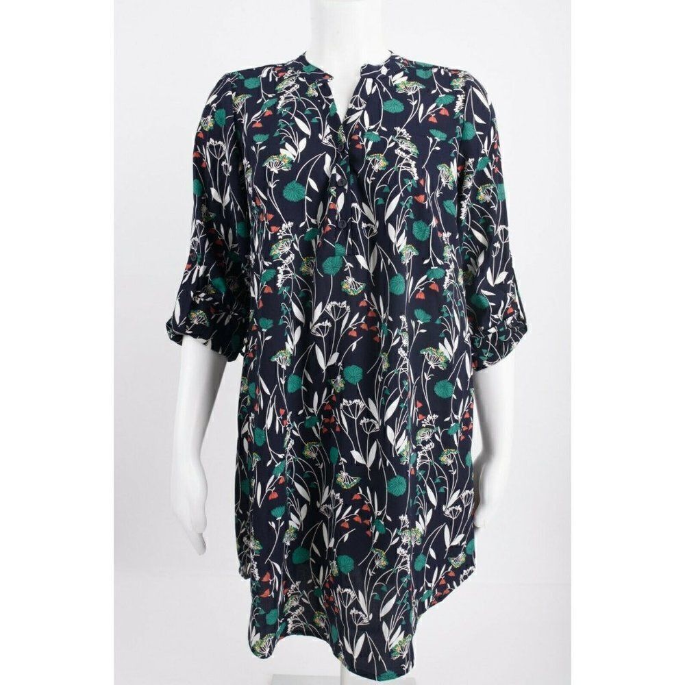 Jessy B Womens Tunic Top Dress L Black Floral Cottagecore Multicolor Roll tab